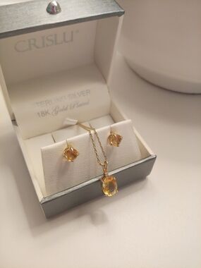 18k Gold-Plated Citrine Pendant Necklace with Matching Post Earrings - Yellow